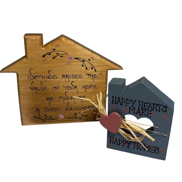 Decorative Wooden House Plaques Set Tole Art Happy Homes Good Neighbor Gift Idea - Picture 1 of 9